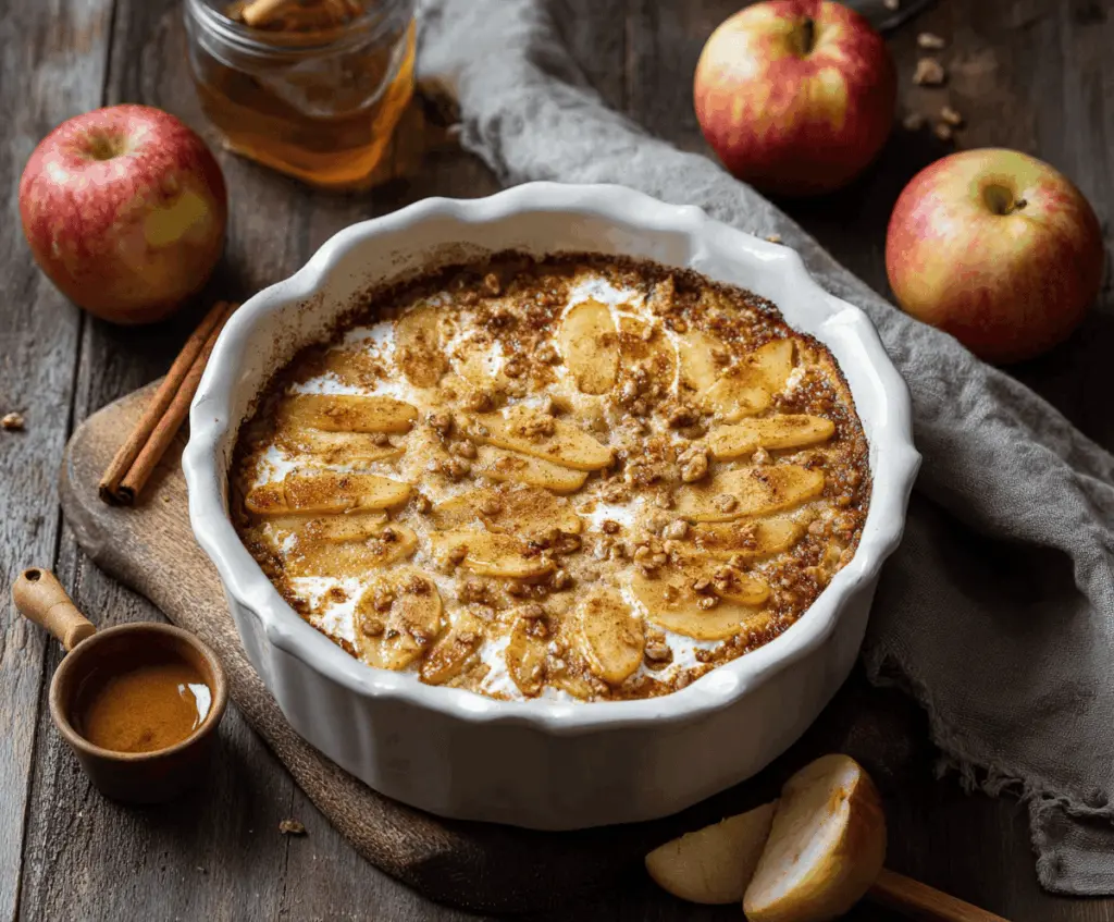 Delicious Apple Cinnamon Cottage Cheese Bake in a baking dish, topped with cinnamon and apple slices.