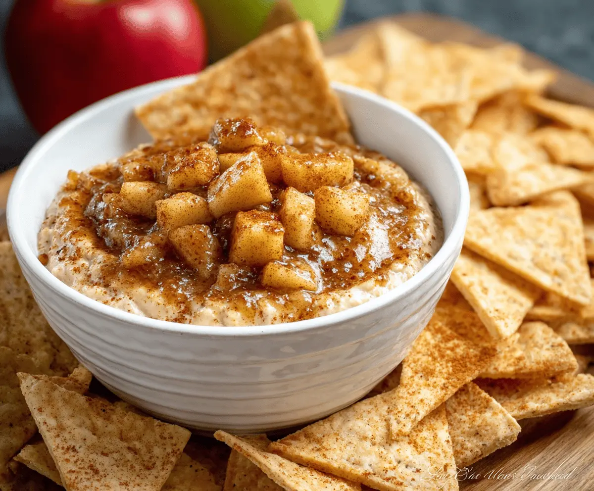 Delicious apple pie dip served with cinnamon tortilla chips for a sweet snack.