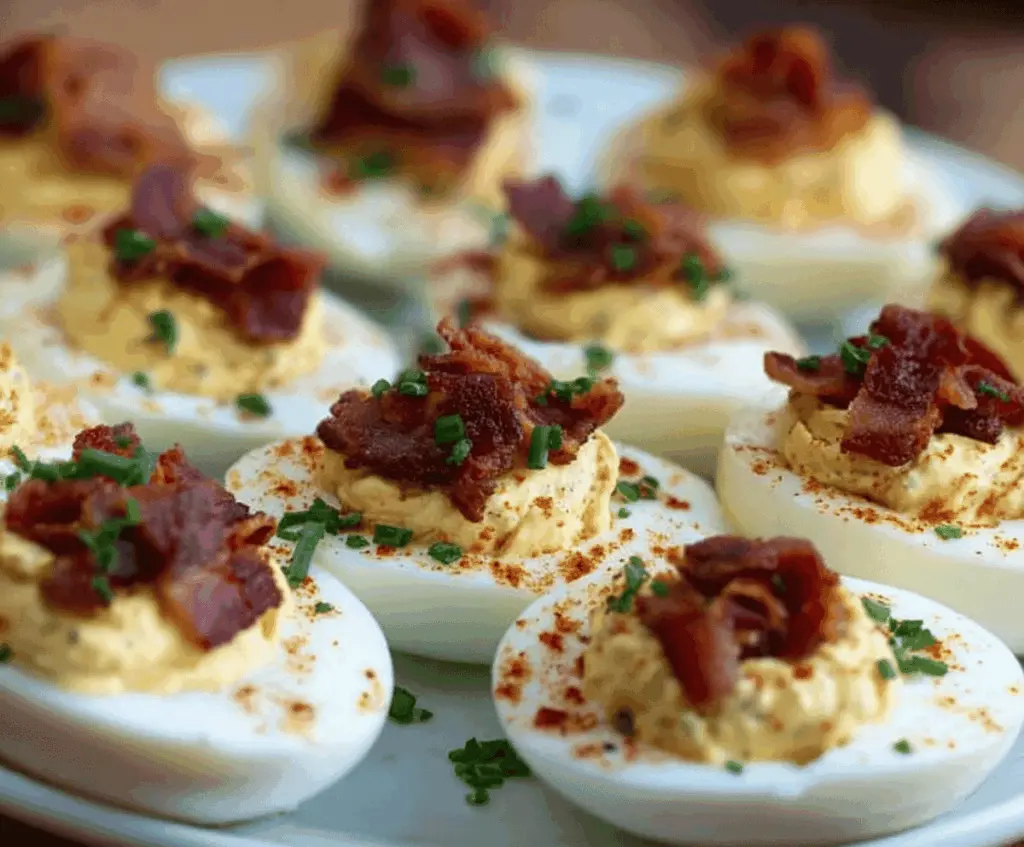 Delicious Bacon Deviled Eggs garnished with crispy bacon bits and fresh herbs