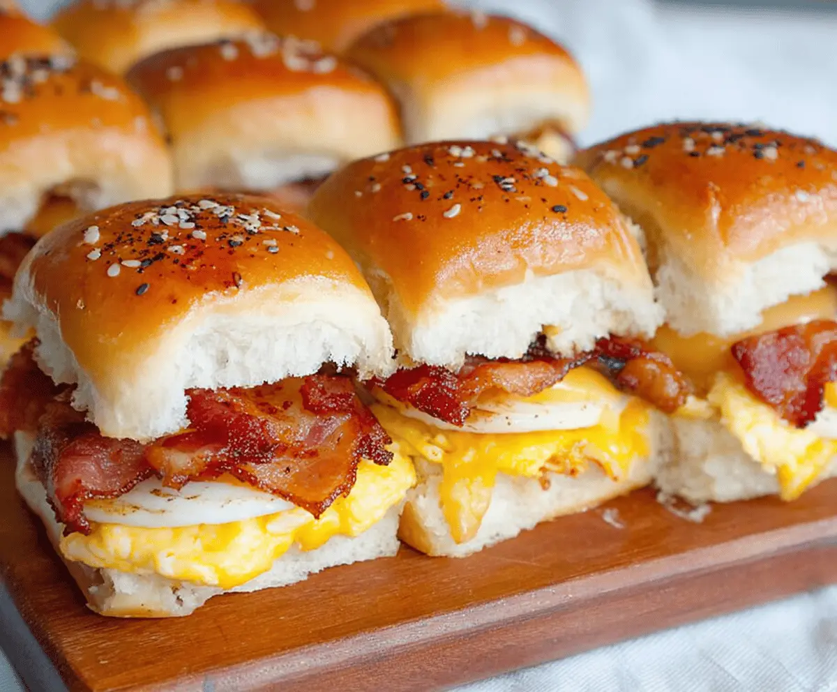 Delicious bacon, egg, and cheese breakfast sliders on a white plate, perfect for morning brunch.