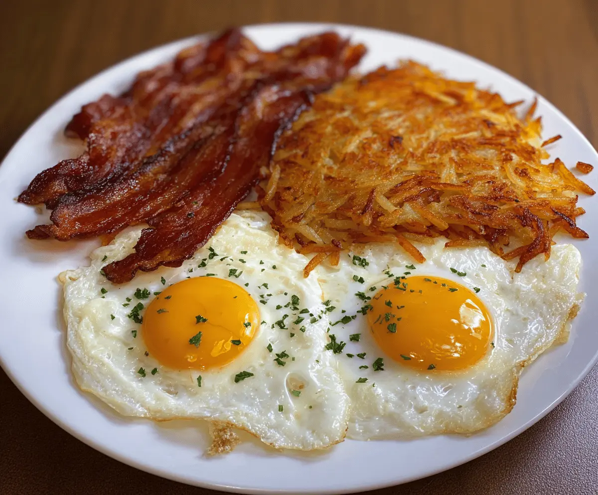 Delicious bacon, scrambled eggs, and crispy hash browns on a breakfast plate.