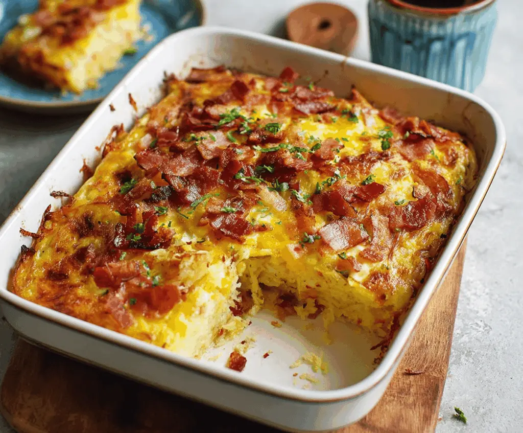 Delicious bacon, egg, and hashbrown casserole served hot for breakfast or brunch.