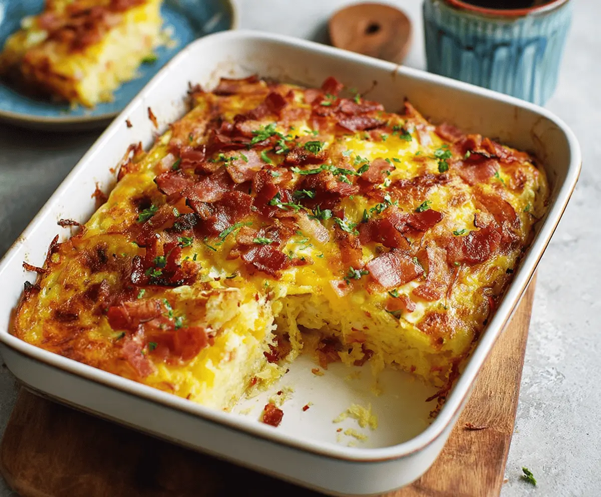 Delicious bacon, egg, and hashbrown casserole served hot for breakfast or brunch.