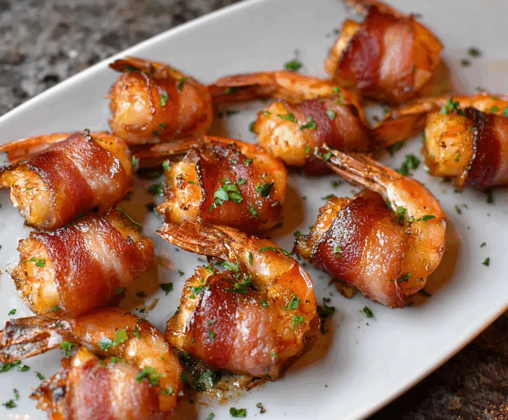Delicious bacon-wrapped shrimp appetizer, perfect for parties and special occasions.