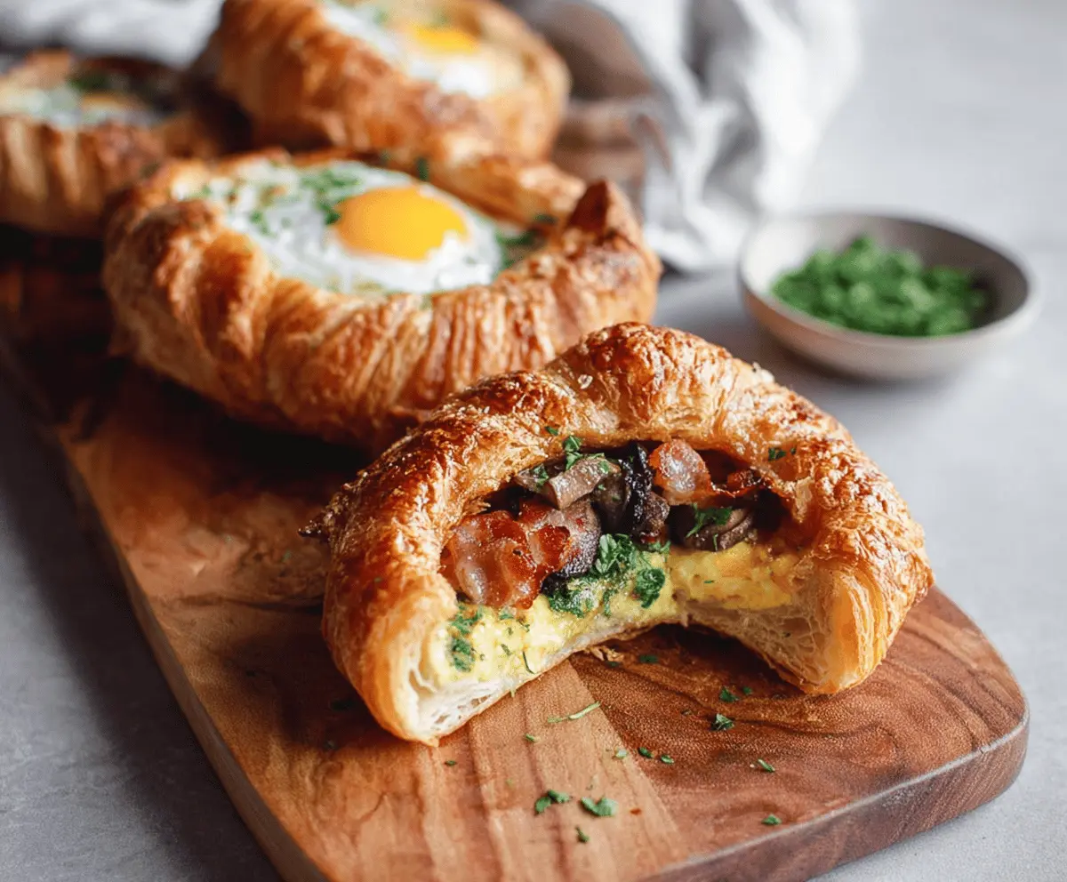 Delicious baked croissant breakfast boats filled with eggs, cheese, and vegetables on a serving platter.