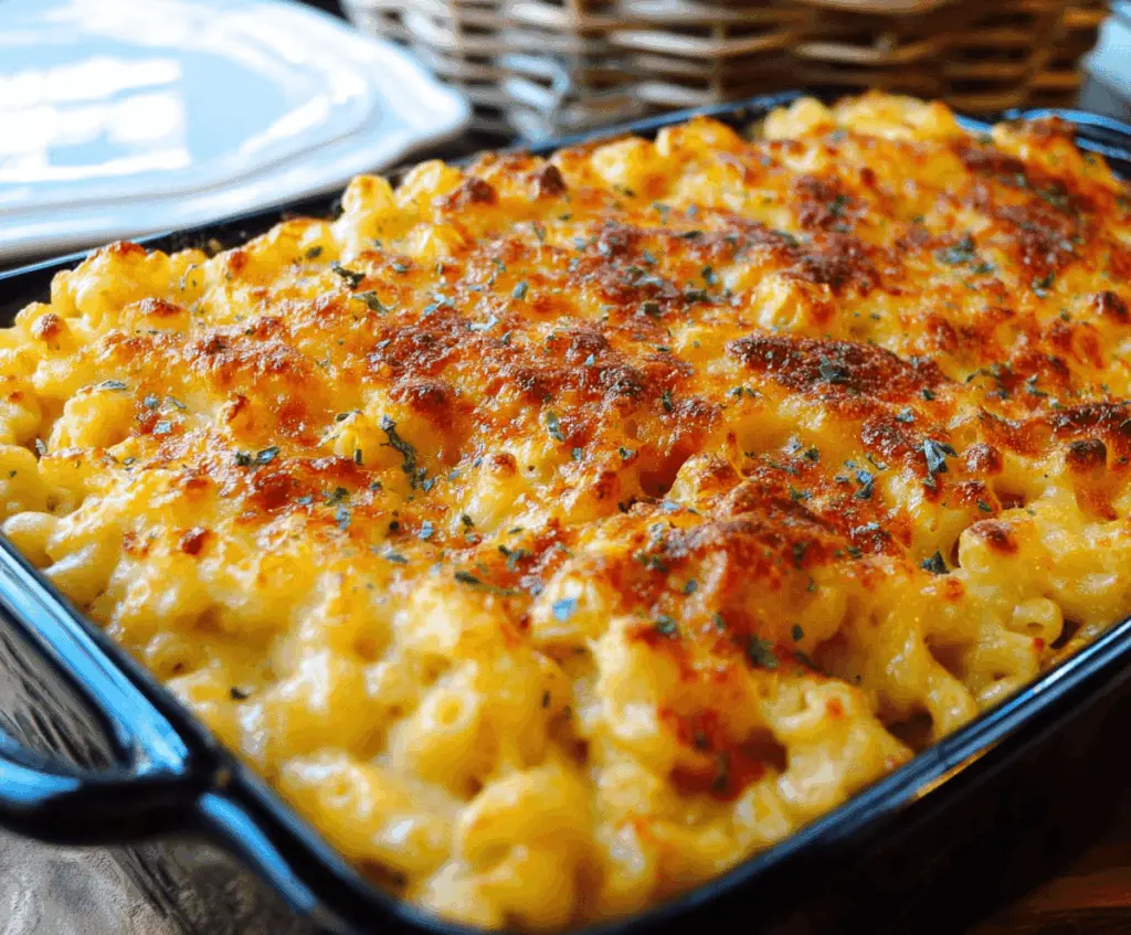 Golden baked mac and cheese in a cozy skillet, topped with crispy breadcrumb crust.