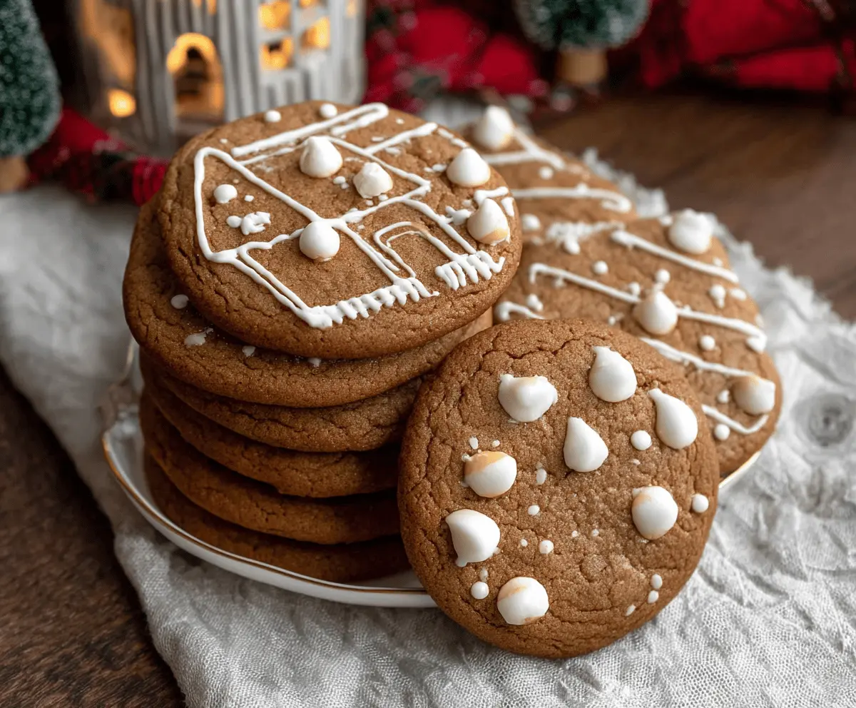 Close-up of bakery-style gingerbread cookies decorated with icing and sprinkles, perfect for holiday treats.