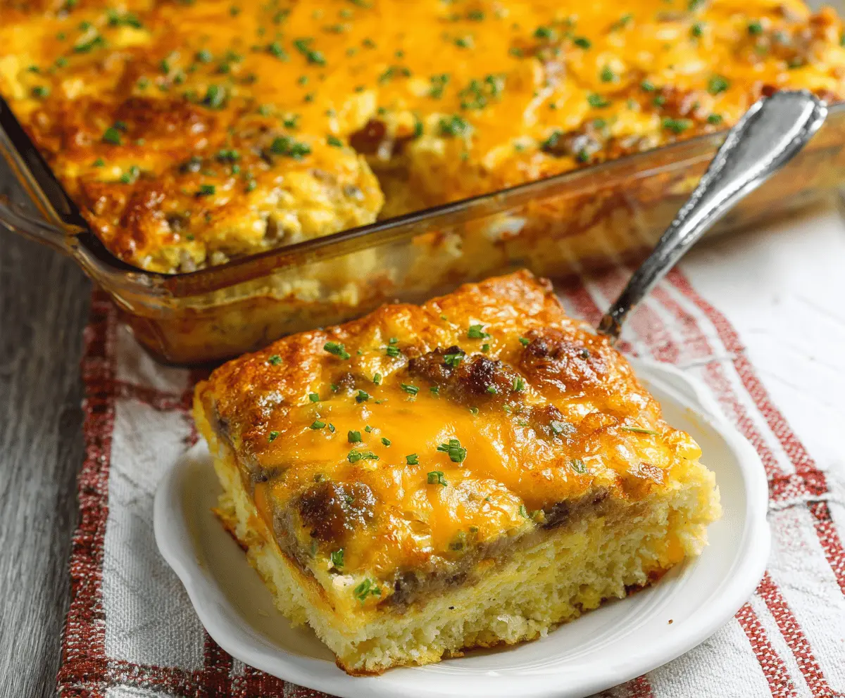 Delicious Bisquick Breakfast Casserole with eggs, cheese, and breakfast sausage in a baking dish.