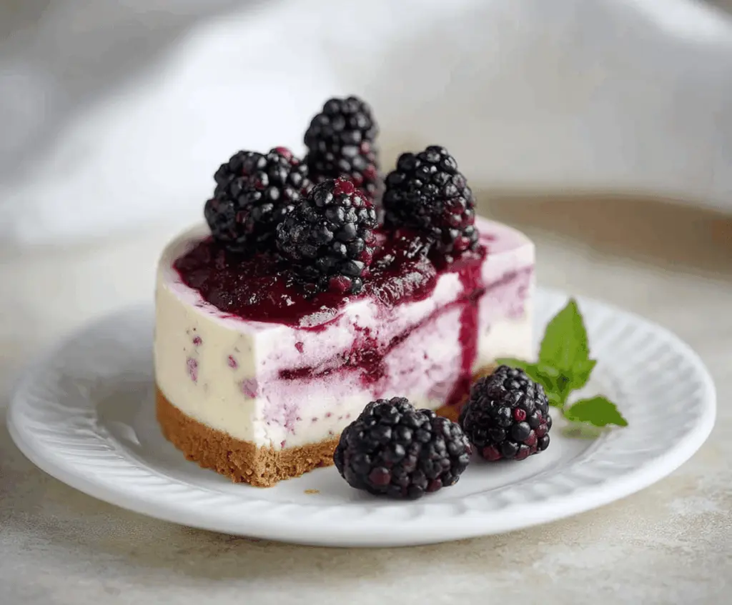 Delicious Blackberry Raspberry Cheesecake garnished with fresh berries and mint leaves.