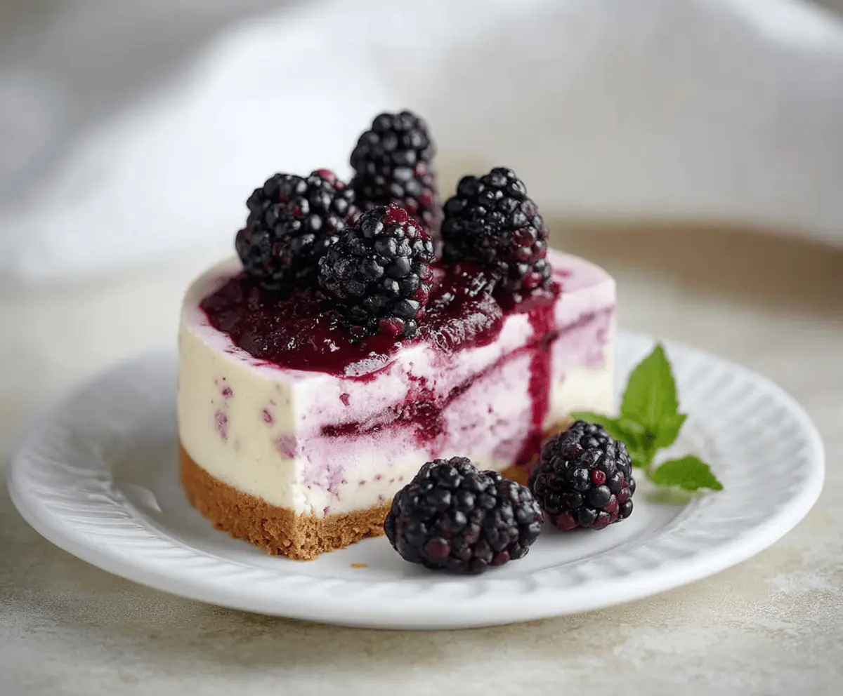 Delicious Blackberry Raspberry Cheesecake garnished with fresh berries and mint leaves.