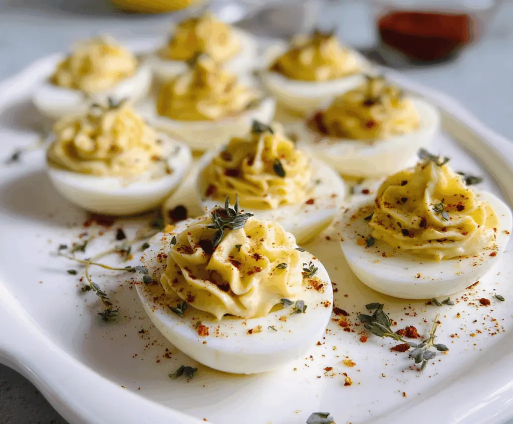 Delicious Boursin deviled eggs garnished with fresh herbs on a white plate