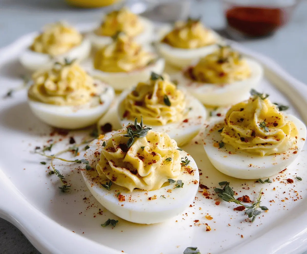 Delicious Boursin deviled eggs garnished with fresh herbs on a white plate