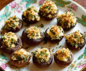 Delicious Brie stuffed mushrooms garnished with herbs on a rustic plate, perfect for appetizers.