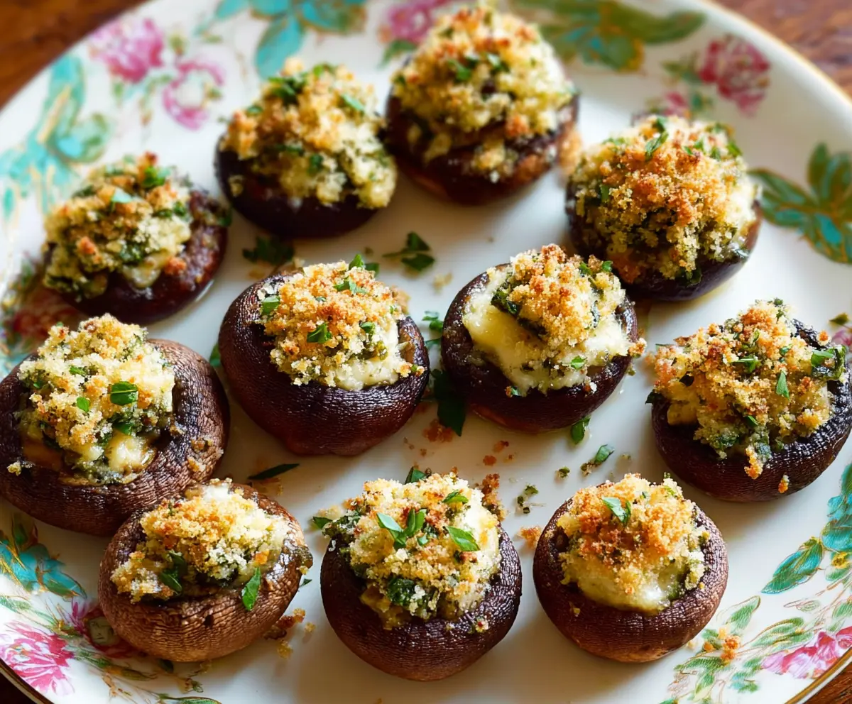 Delicious Brie stuffed mushrooms garnished with herbs on a rustic plate, perfect for appetizers.