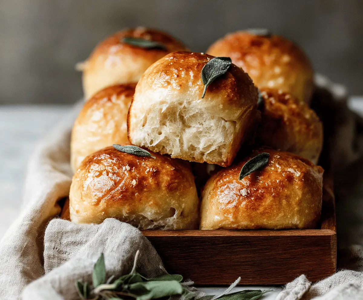 Freshly baked brown butter sage dinner rolls on a rustic wooden table, perfect for a hearty meal.