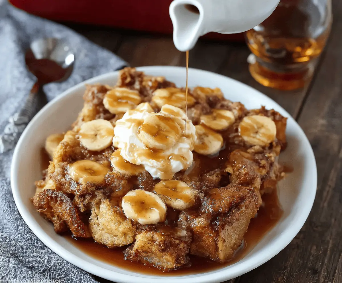 Delicious Brown Sugar Banana French Toast Casserole topped with caramelized bananas and powdered sugar.