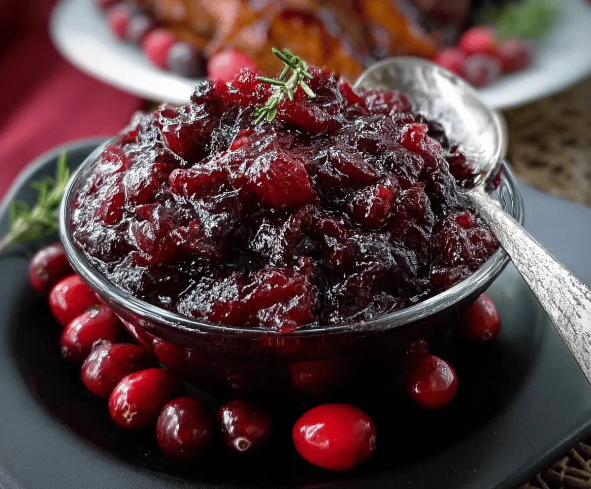 Delicious homemade brown sugar maple cranberry sauce served in a glass bowl.