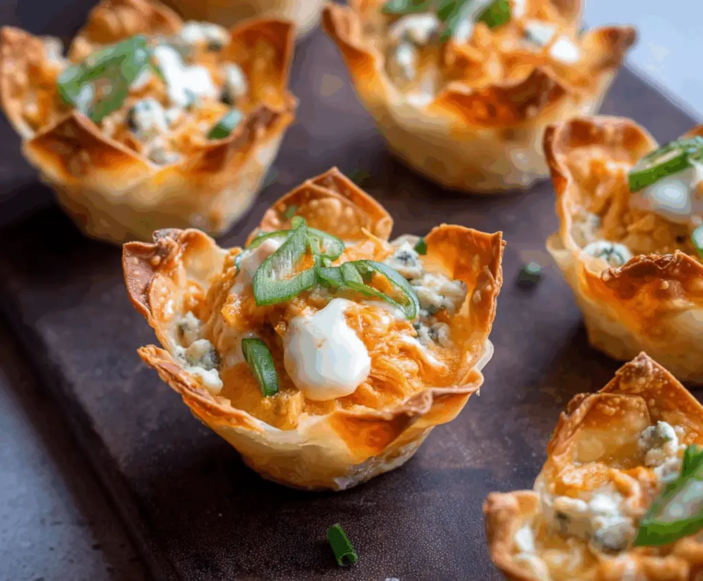 Delicious buffalo chicken served in crispy wonton cups, perfect as an appetizer or party snack.