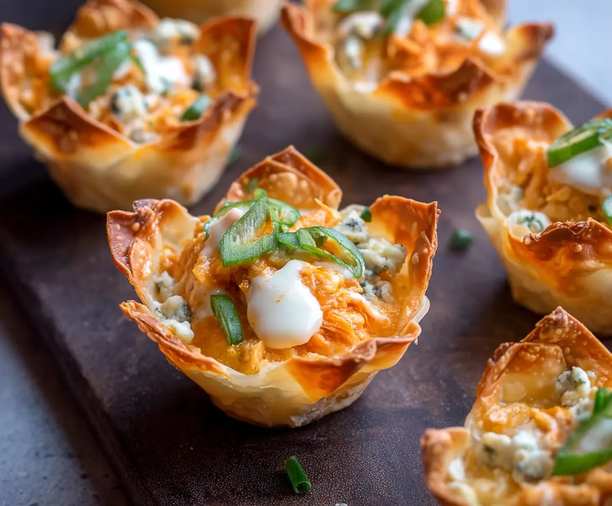 Delicious buffalo chicken served in crispy wonton cups, perfect as an appetizer or party snack.