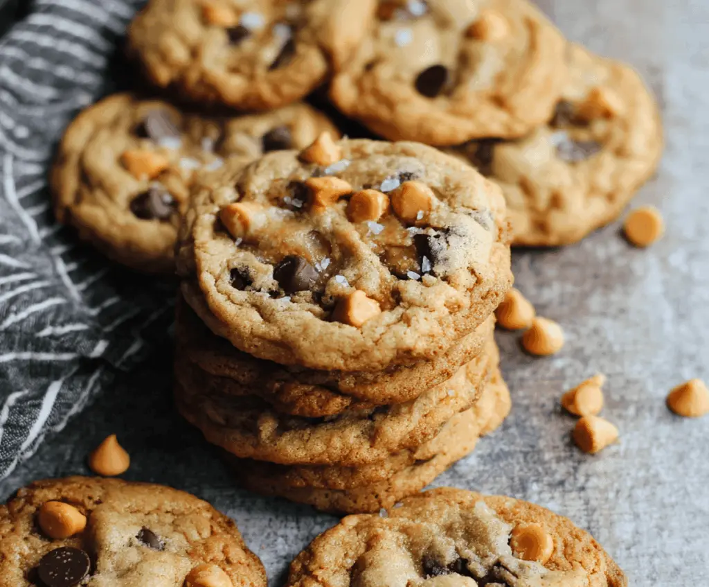 Golden-brown butterscotch chocolate chip cookies fresh out of the oven with melted chocolate and butterscotch chips.