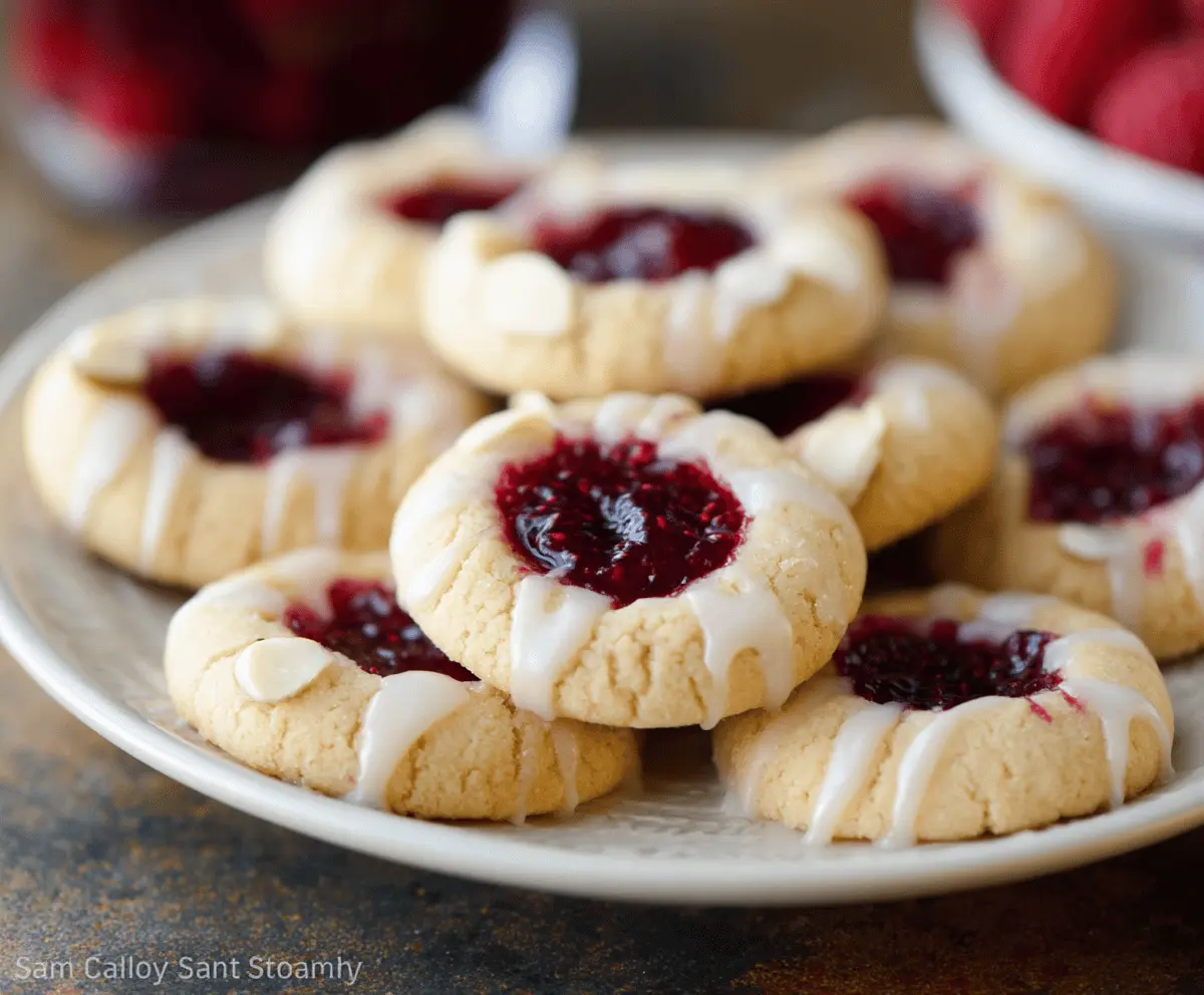 Delicious buttery raspberry jam thumbprint cookies topped with almond glaze on a white plate.