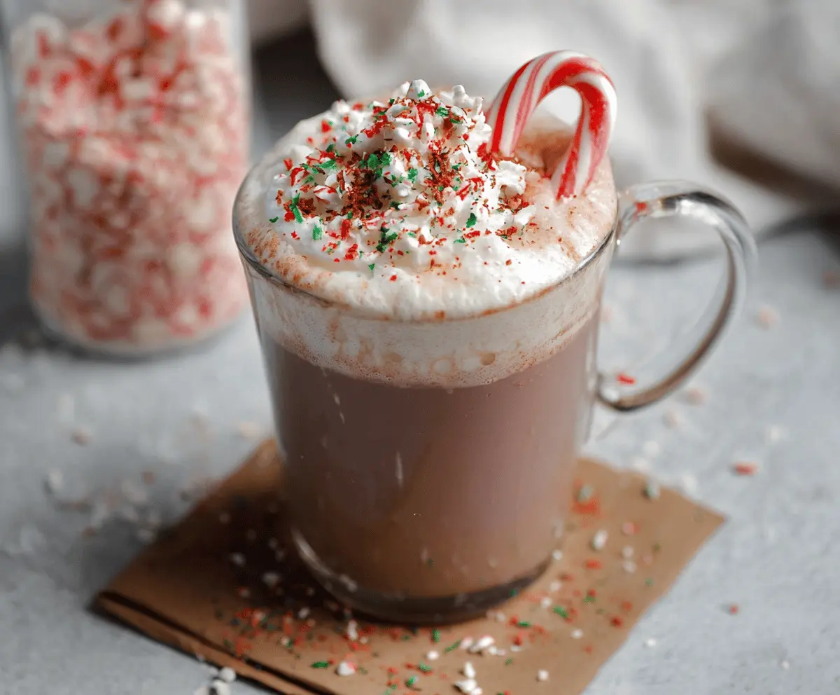 Delicious Candy Cane Hot Chocolate topped with whipped cream and crushed peppermint candies.