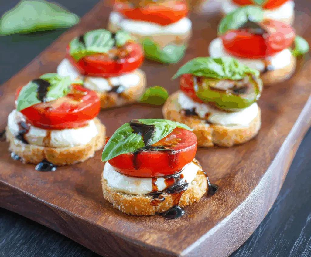 Delicious Caprese Bites with fresh mozzarella, cherry tomatoes, and basil on skewers.
