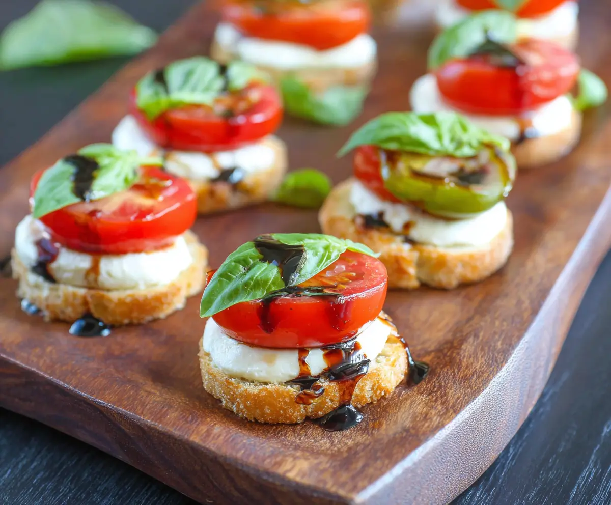 Delicious Caprese Bites with fresh mozzarella, cherry tomatoes, and basil on skewers.