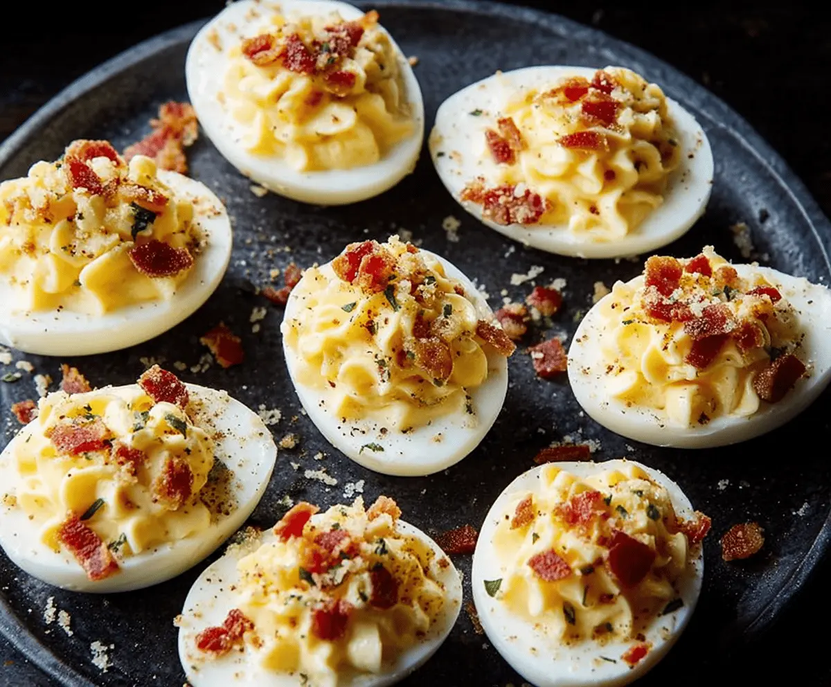 Delicious Carbonara Deviled Eggs garnished with herbs on a white plate.