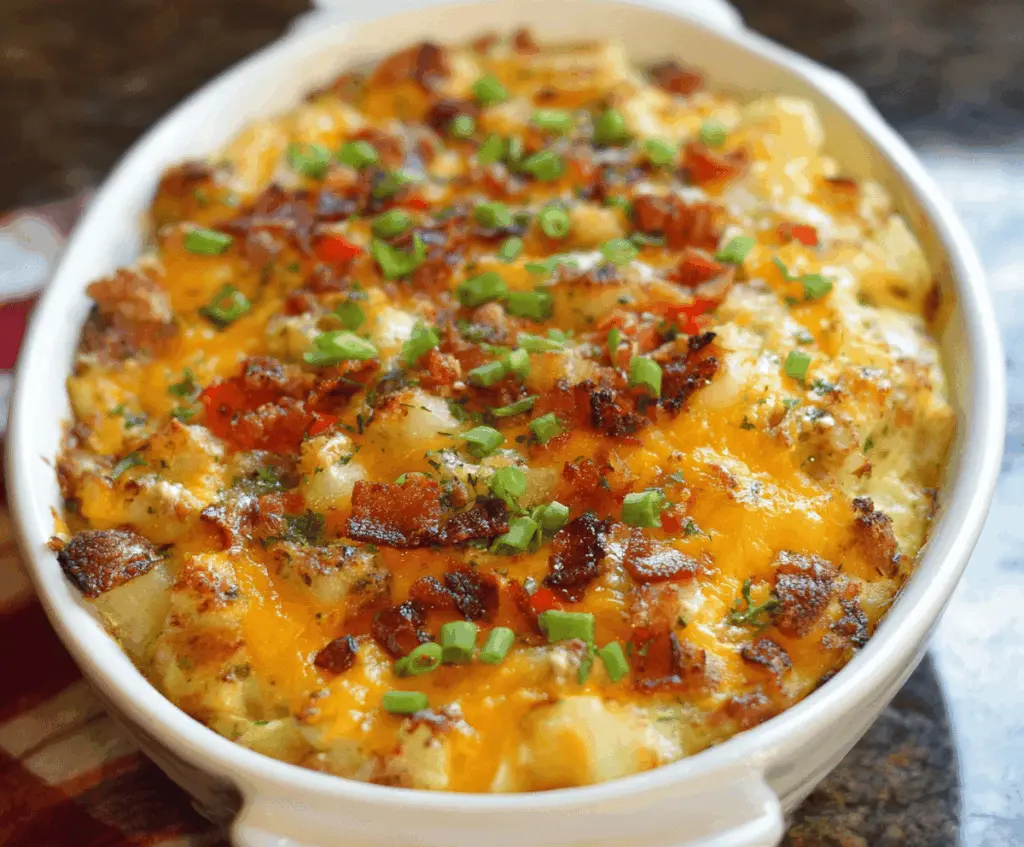 Delicious cheesy potato breakfast casserole topped with melted cheese and fresh herbs.