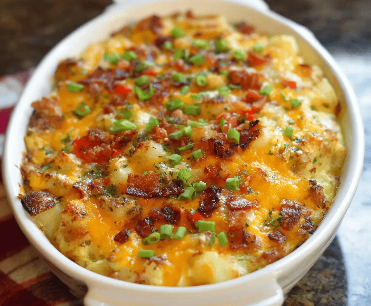 Delicious cheesy potato breakfast casserole topped with melted cheese and fresh herbs.