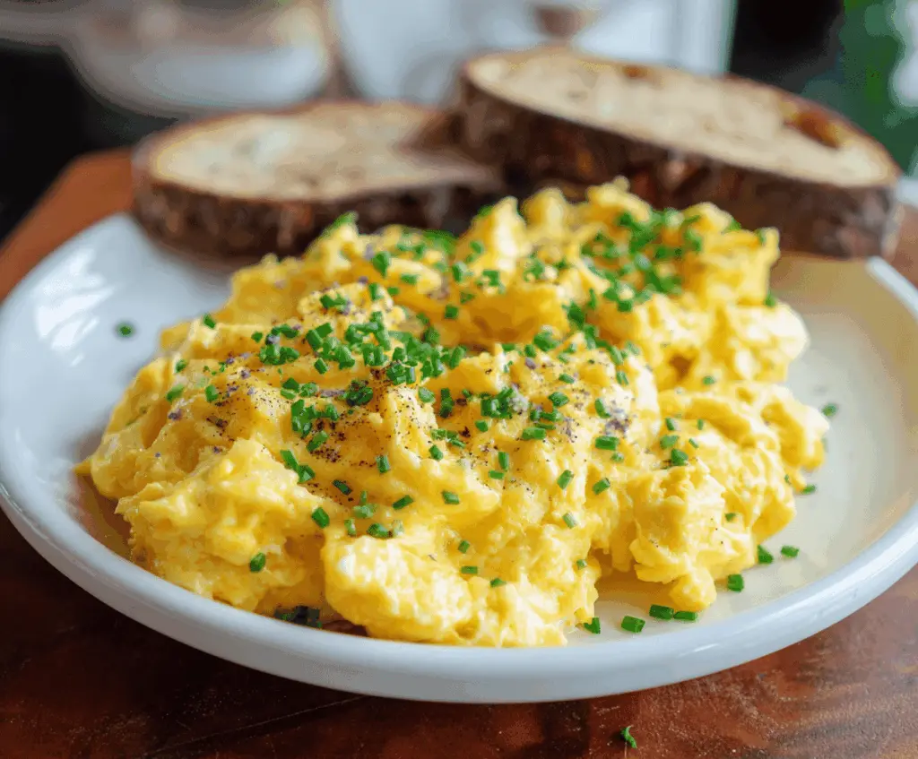 Delicious cheesy scrambled eggs served on a plate with melted cheese and fluffy texture.