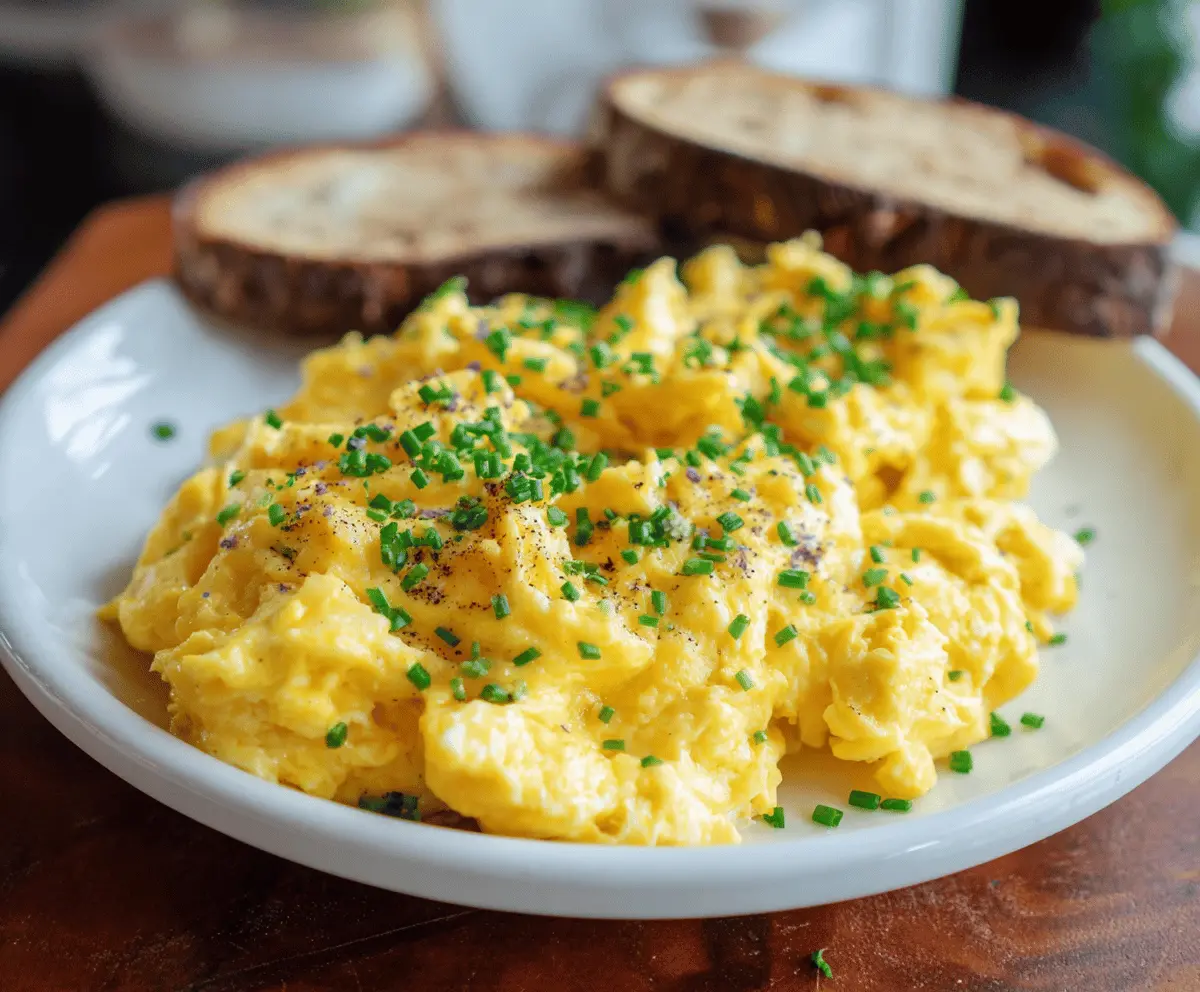 Delicious cheesy scrambled eggs served on a plate with melted cheese and fluffy texture.