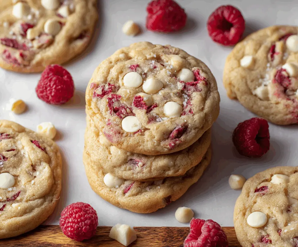 Delicious chewy raspberry and white chocolate cookies on a baking tray