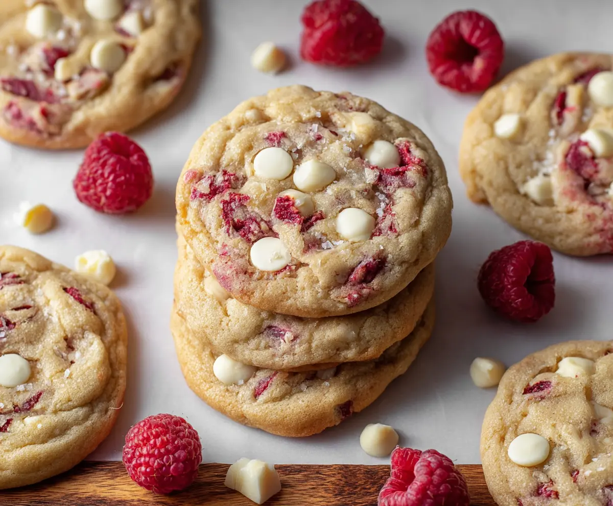 Delicious chewy raspberry and white chocolate cookies on a baking tray