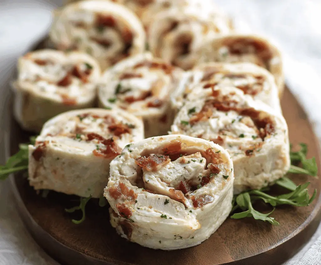 Delicious Chicken Bacon Ranch Pinwheels with crispy bacon, tender chicken, and creamy ranch filling sliced into flavorful bites.