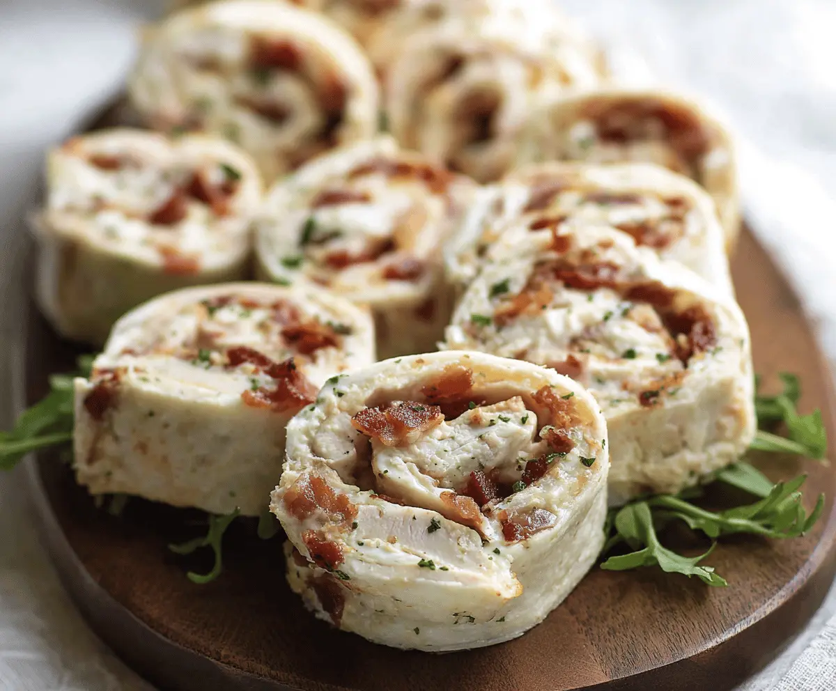 Delicious Chicken Bacon Ranch Pinwheels with crispy bacon, tender chicken, and creamy ranch filling sliced into flavorful bites.