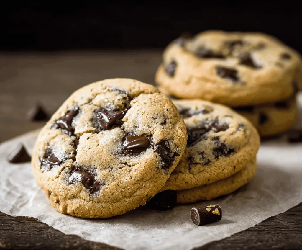 Freshly baked chocolate chip cookies with gooey melted chocolate chips on a baking sheet.