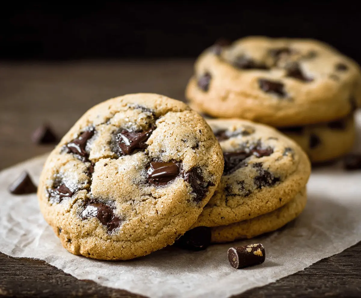 Freshly baked chocolate chip cookies with gooey melted chocolate chips on a baking sheet.