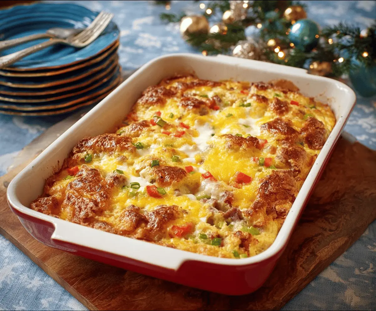 Delicious Christmas breakfast casserole topped with cheese and herbs for a festive morning meal.