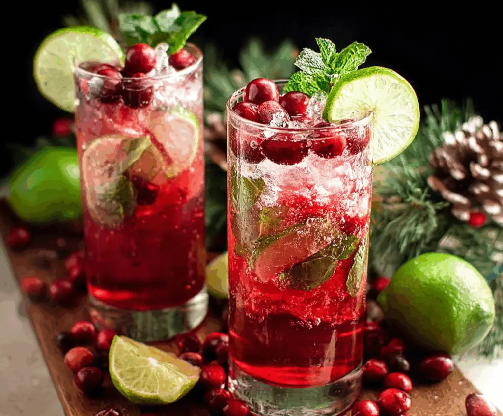 Festive Christmas Cranberry Mojito cocktail garnished with fresh cranberries and mint leaves.