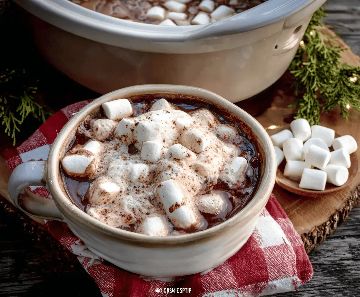 Warm and creamy Christmas Eve Crockpot Hot Chocolate served in festive mugs with whipped cream and marshmallows.
