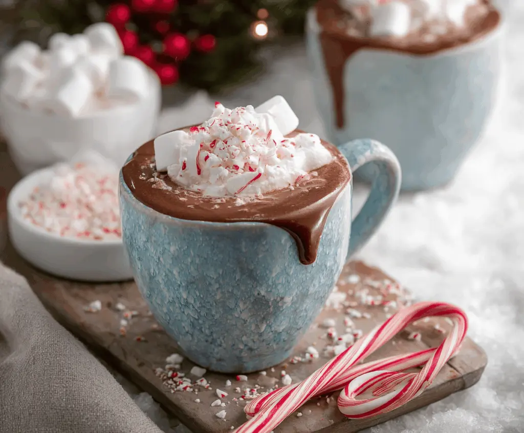 Delicious Christmas Peppermint Hot Chocolate topped with whipped cream and peppermint candies, perfect for holiday cozy evenings.