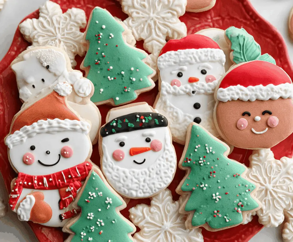 Decorative Christmas sugar cookies with colorful icing and sprinkles on a festive plate