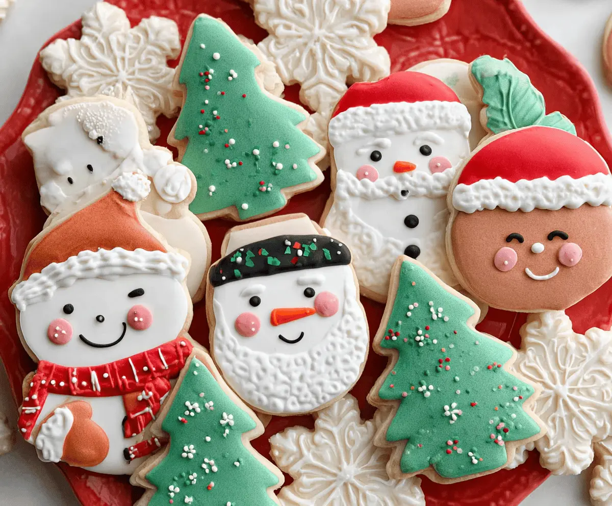 Decorative Christmas sugar cookies with colorful icing and sprinkles on a festive plate