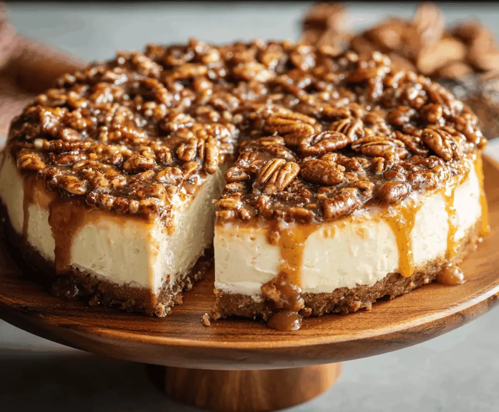 Creamy Cinnamon Pecan Pie Cheesecake topped with pecans and cinnamon for a delicious dessert.