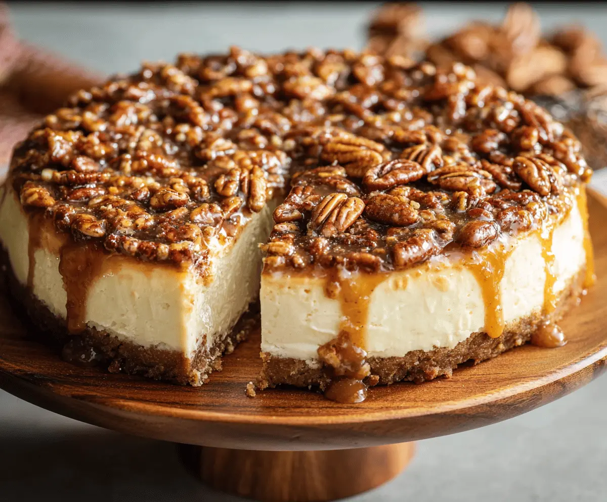 Creamy Cinnamon Pecan Pie Cheesecake topped with pecans and cinnamon for a delicious dessert.