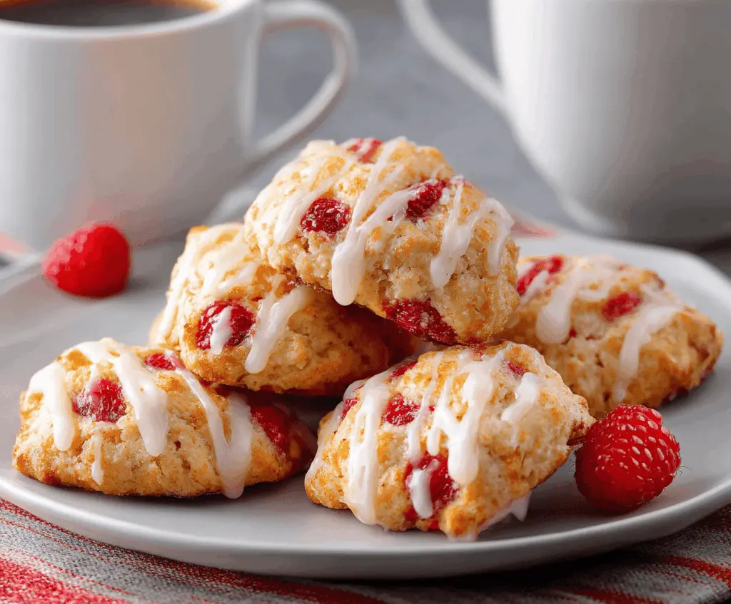 Delicious cottage cheese raspberry cookies on a white plate, showcasing a golden-baked exterior with vibrant raspberry filling.
