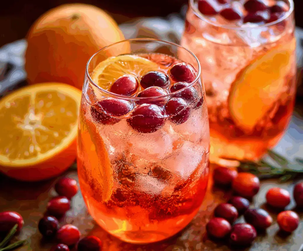 Vibrant Cranberry Aperol Spritz cocktail garnished with fresh cranberries and orange slices