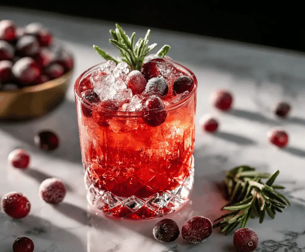 Refreshing Cranberry Bourbon Smash cocktail with fresh cranberries and mint garnish.